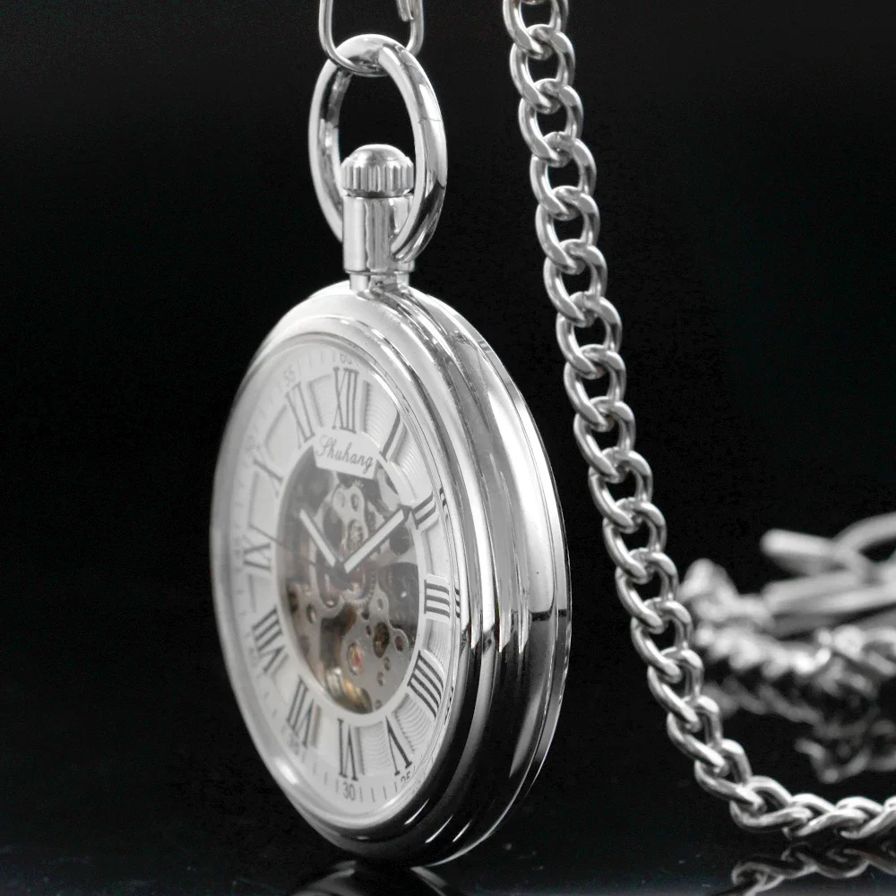 SHUHANG New Mechanic Watch Men Automatic Self Winding Pocket Watch Silver Simple Open Face Chain Pendant with Roman Number