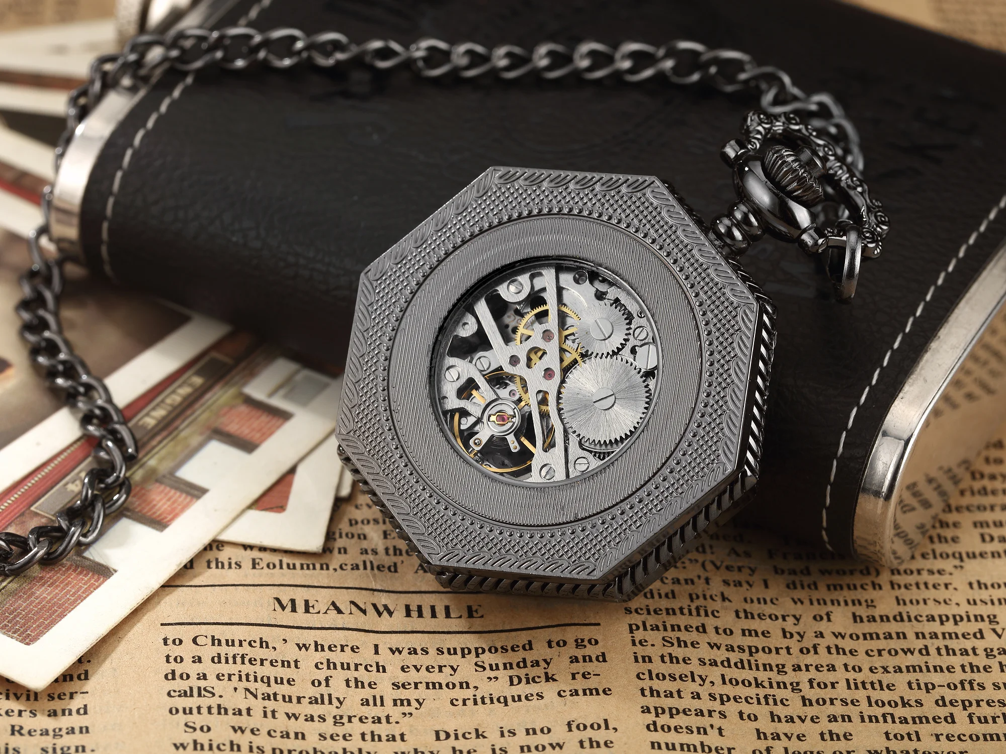 Ramadan Classic Hexagonal Mechanical Pocket Watch FOB Chain Steampunk Roman Dial Skeleton Gold Hollow Steel Men's Pocket Watch