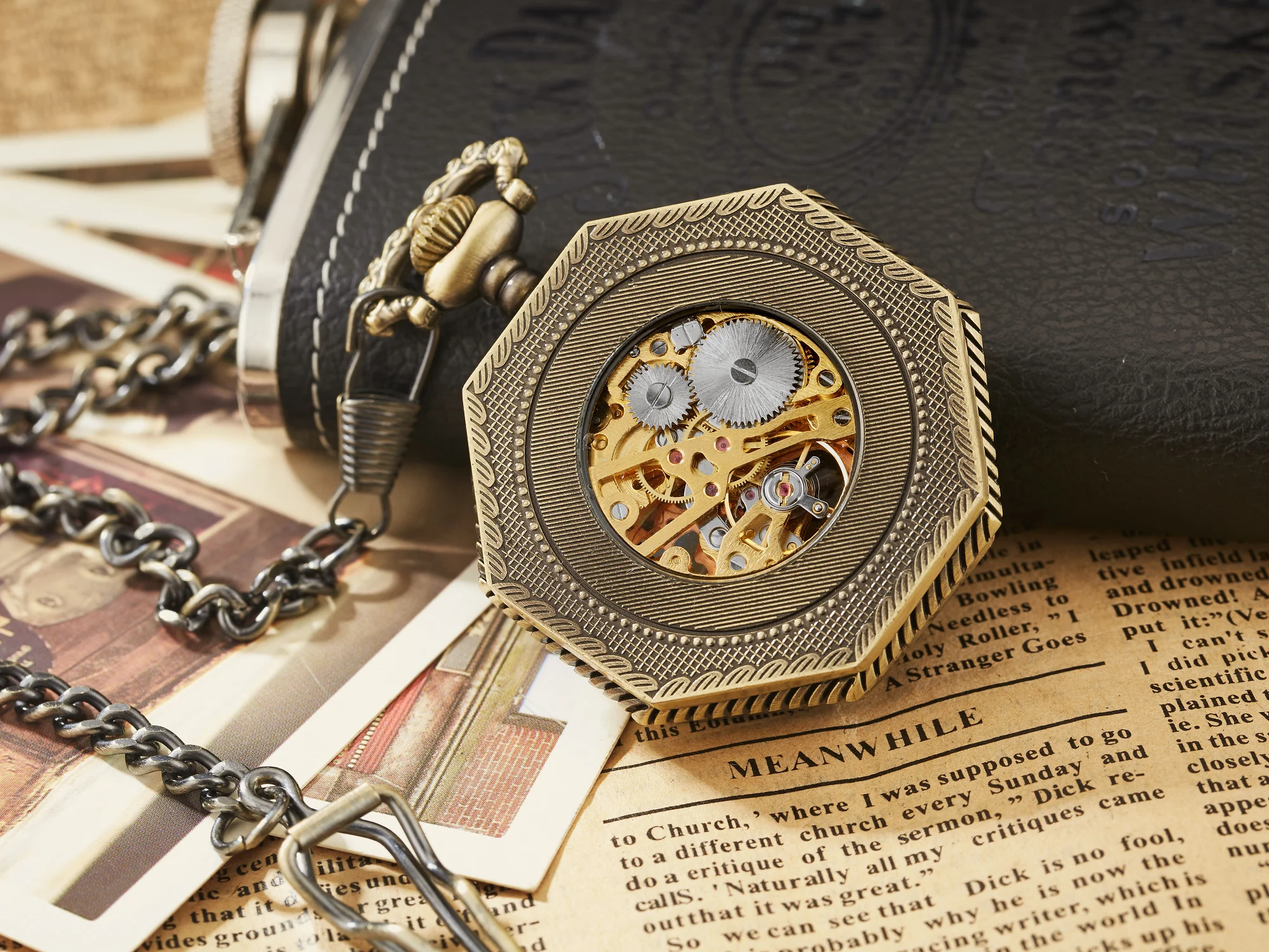 Ramadan Classic Hexagonal Mechanical Pocket Watch FOB Chain Steampunk Roman Dial Skeleton Gold Hollow Steel Men's Pocket Watch
