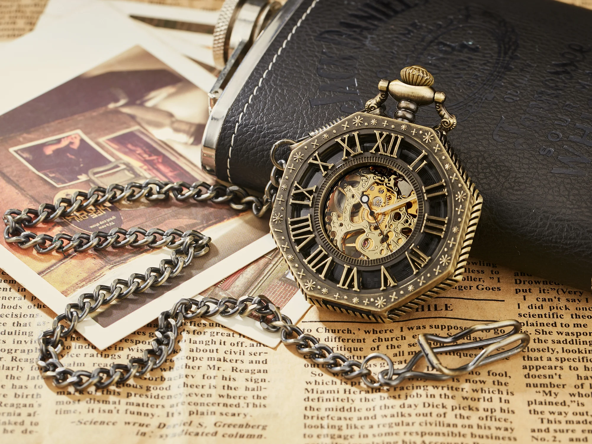 Ramadan Classic Hexagonal Mechanical Pocket Watch FOB Chain Steampunk Roman Dial Skeleton Gold Hollow Steel Men's Pocket Watch