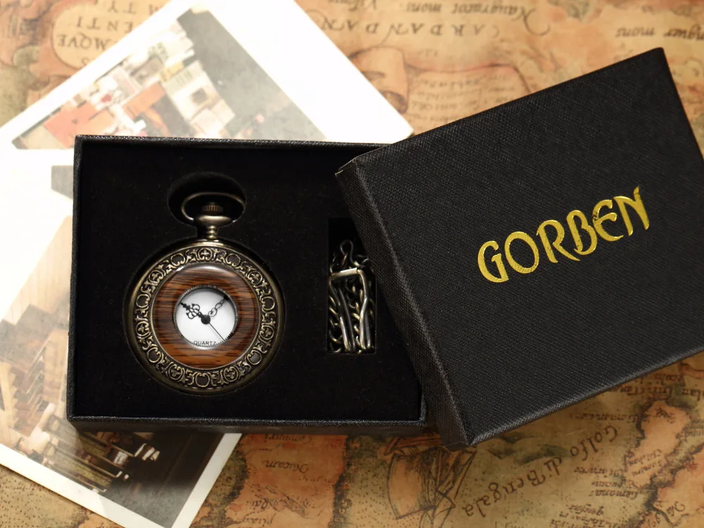 Solid Wood Mechanical Pocket Watch FOB Chain Locket Dial Hollow Steampunk Skeleton Men Women Mens Male Clock Watches Box Package