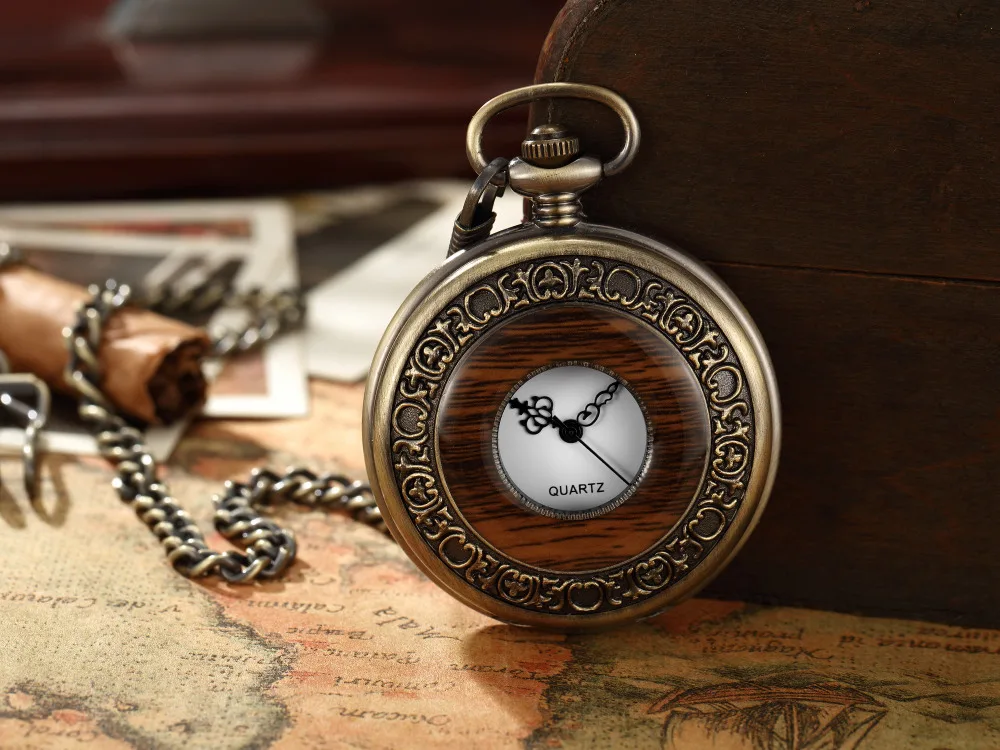 Solid Wood Mechanical Pocket Watch FOB Chain Locket Dial Hollow Steampunk Skeleton Men Women Mens Male Clock Watches Box Package