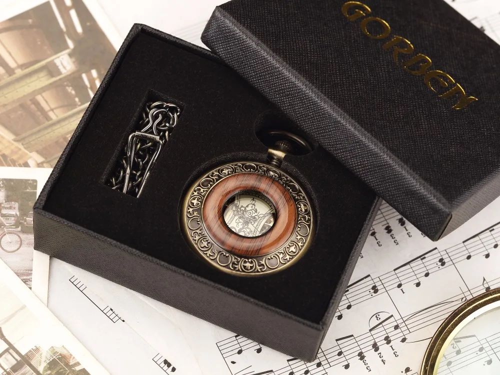 Solid Wood Mechanical Pocket Watch FOB Chain Locket Dial Hollow Steampunk Skeleton Men Women Mens Male Clock Watches Box Package