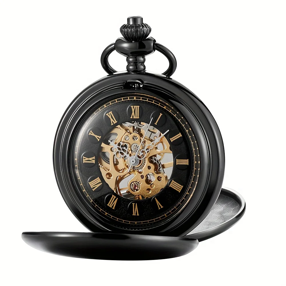 Classic double face hand winding mechanical pocket watch smooth surface hollowed Roman numeral men women mechanical pocket watch
