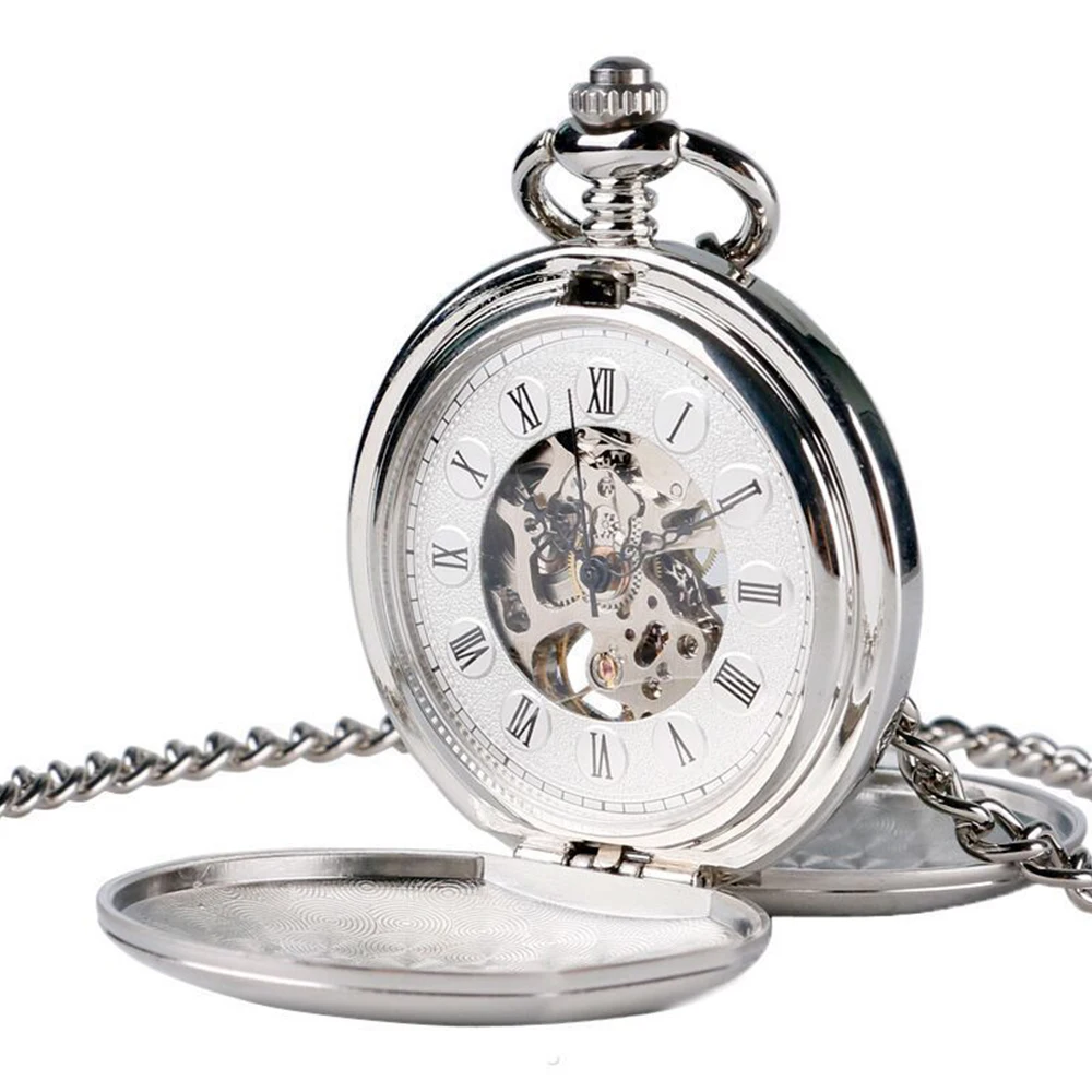 Classic double face hand winding mechanical pocket watch smooth surface hollowed Roman numeral men women mechanical pocket watch