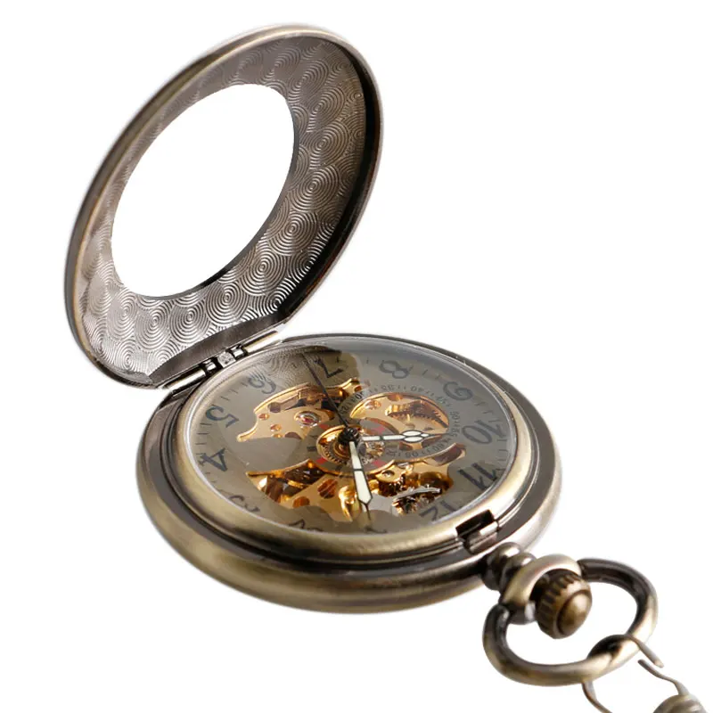Self Wind Pocket Watch Copper Fashion Bronze Pendant Smooth Retro Skeleton Unisex Automatic Mechanical Stylish Thanksgiving Gift