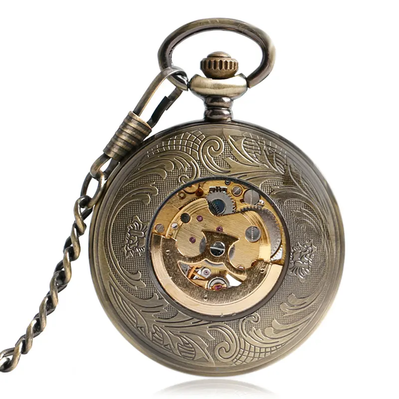 Self Wind Pocket Watch Copper Fashion Bronze Pendant Smooth Retro Skeleton Unisex Automatic Mechanical Stylish Thanksgiving Gift