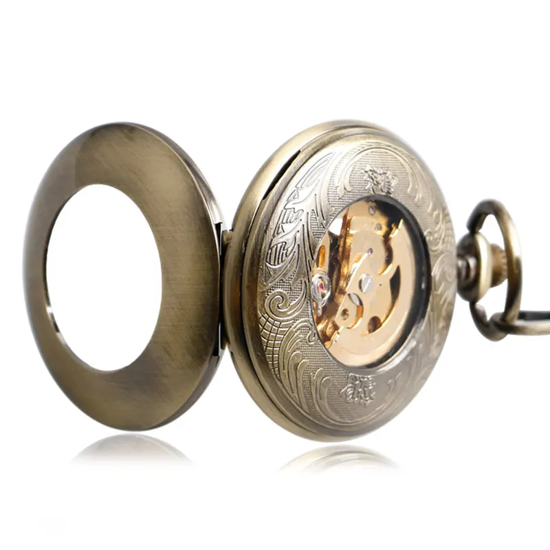 Self Wind Pocket Watch Copper Fashion Bronze Pendant Smooth Retro Skeleton Unisex Automatic Mechanical Stylish Thanksgiving Gift