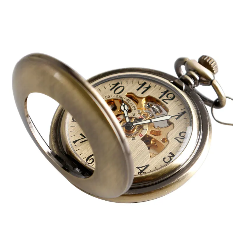 Self Wind Pocket Watch Copper Fashion Bronze Pendant Smooth Retro Skeleton Unisex Automatic Mechanical Stylish Thanksgiving Gift