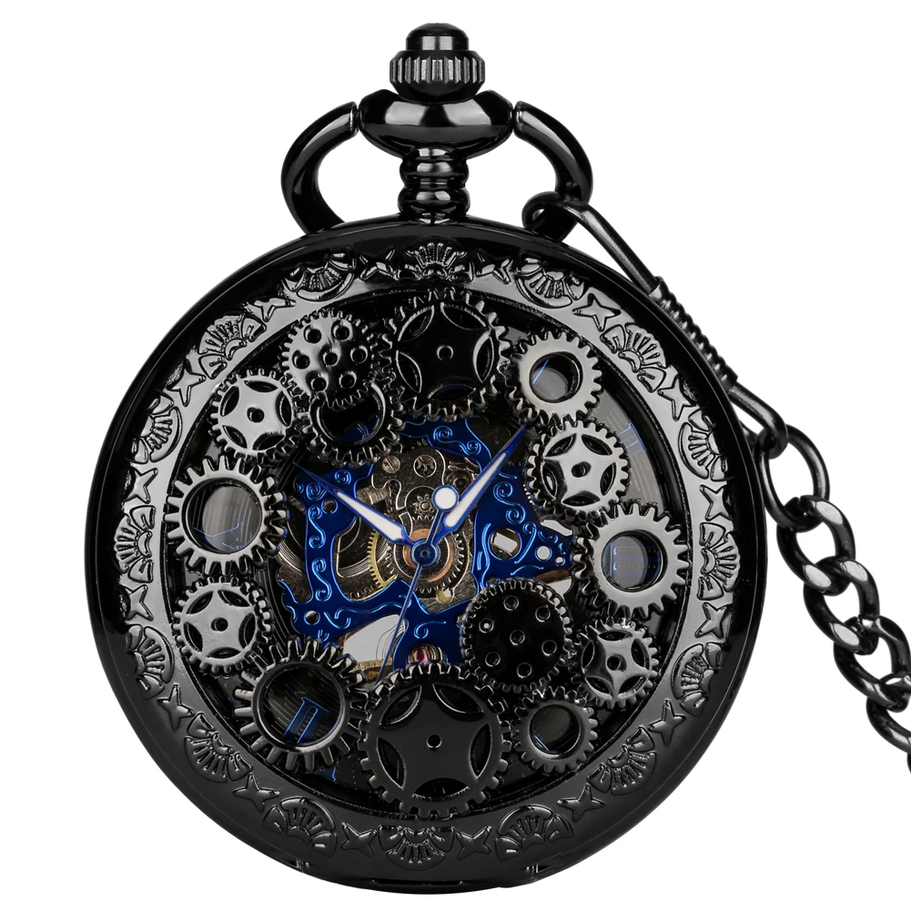 Royal Blue Roman Numerals Men's Manual Mechanical Pocket Watch Black Gears Hollow Design Pocket Chain Pendant Vintage Clock