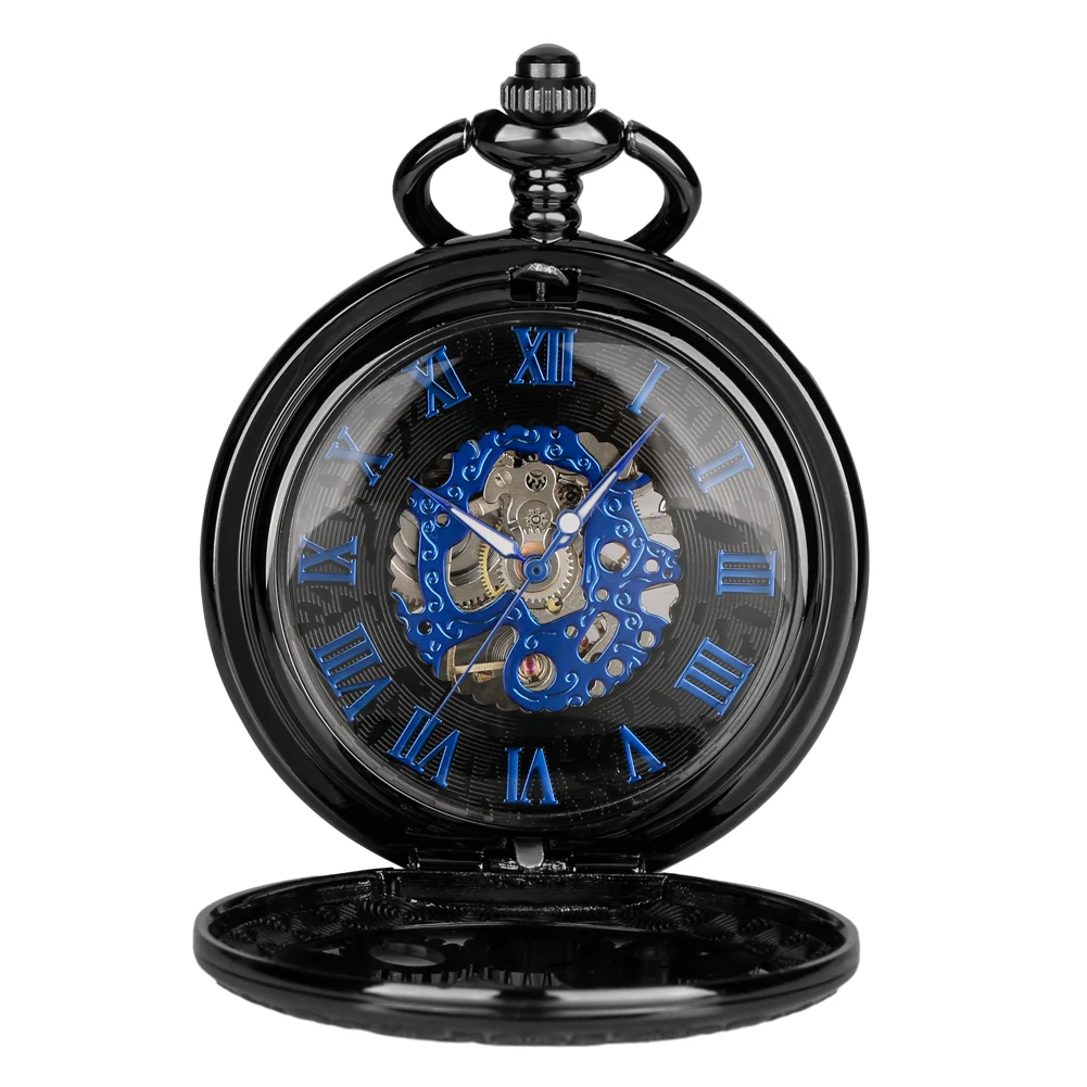 Royal Blue Roman Numerals Men's Manual Mechanical Pocket Watch Black Gears Hollow Design Pocket Chain Pendant Vintage Clock