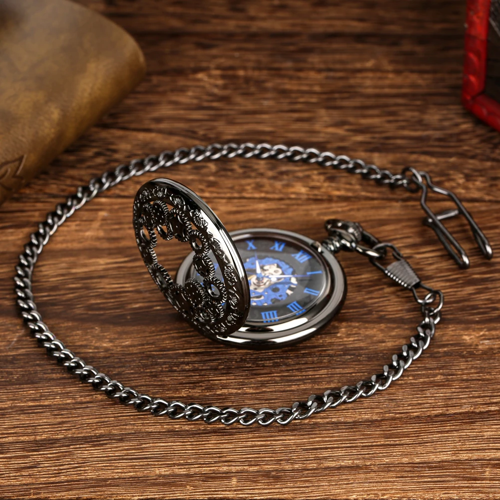 Royal Blue Roman Numerals Men's Manual Mechanical Pocket Watch Black Gears Hollow Design Pocket Chain Pendant Vintage Clock