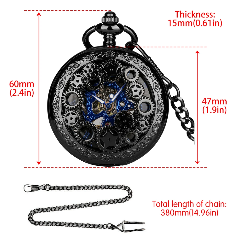 Royal Blue Roman Numerals Men's Manual Mechanical Pocket Watch Black Gears Hollow Design Pocket Chain Pendant Vintage Clock