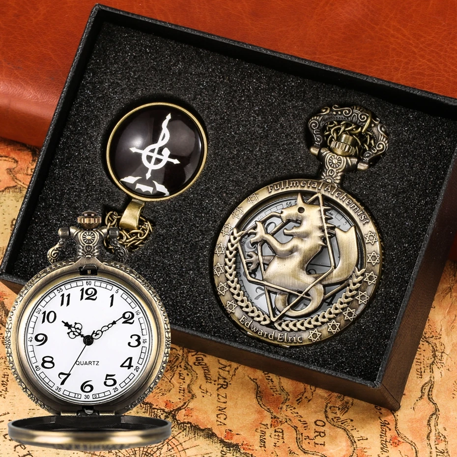 Bronze Tone Fullmetal Alchemist Gifts Sets Quartz Pocket Watch Cosplay Edward Elric Anime Pendant Design Anime Necklace Clock