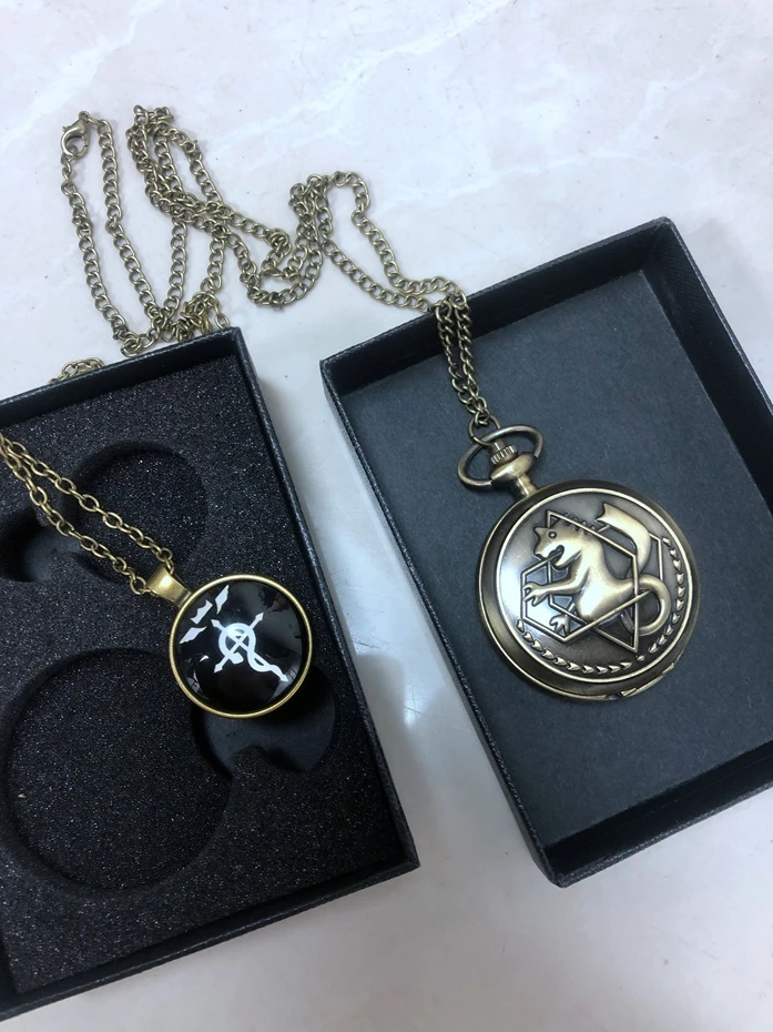 Bronze Tone Fullmetal Alchemist Gifts Sets Quartz Pocket Watch Cosplay Edward Elric Anime Pendant Design Anime Necklace Clock