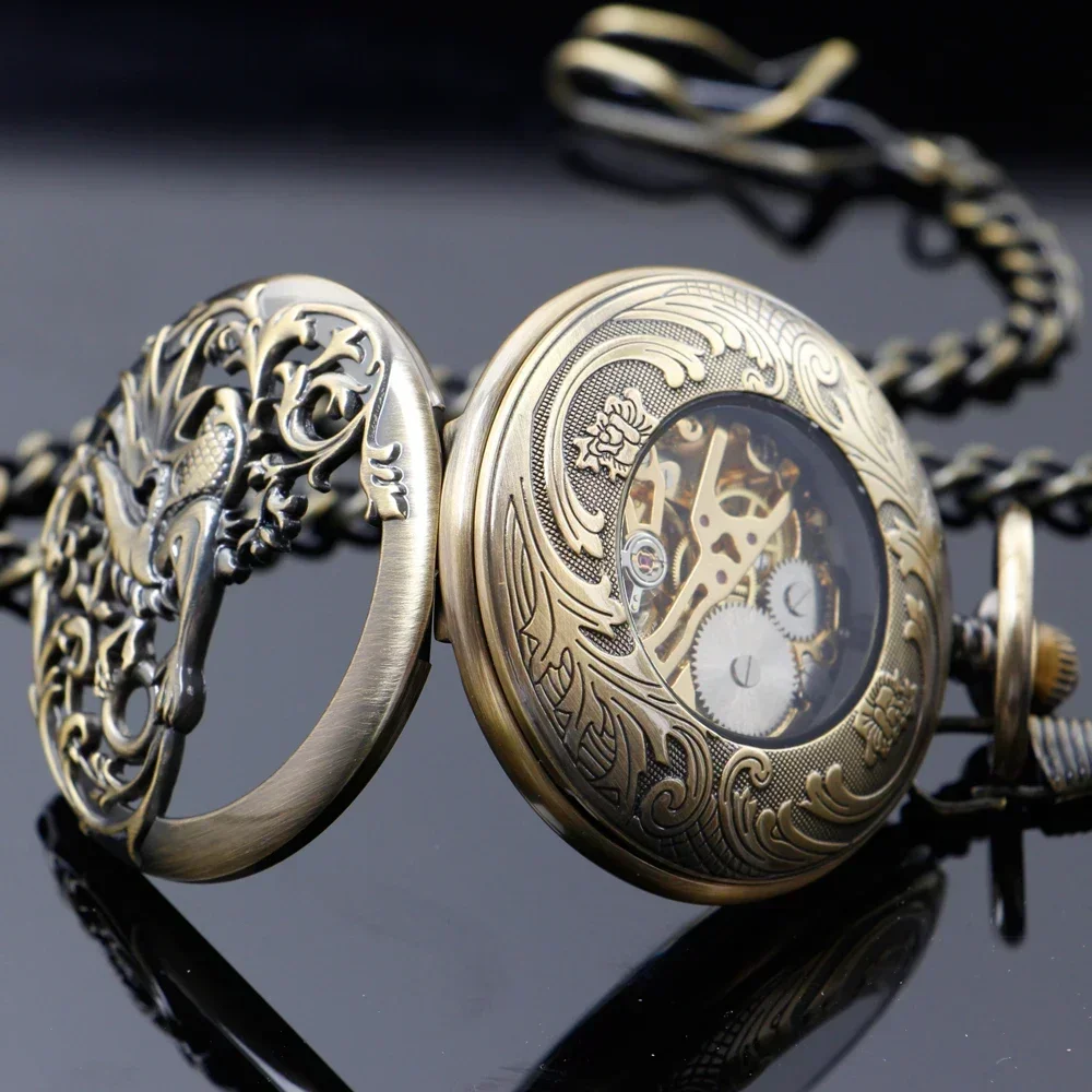 NEW Vintage Mechanical Pocket Watch Mens Hand-winding Skeleton Dragon Chain Retro Roman Numerals Display Pocket Clock