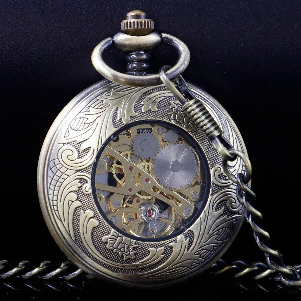 NEW Vintage Mechanical Pocket Watch Mens Hand-winding Skeleton Dragon Chain Retro Roman Numerals Display Pocket Clock