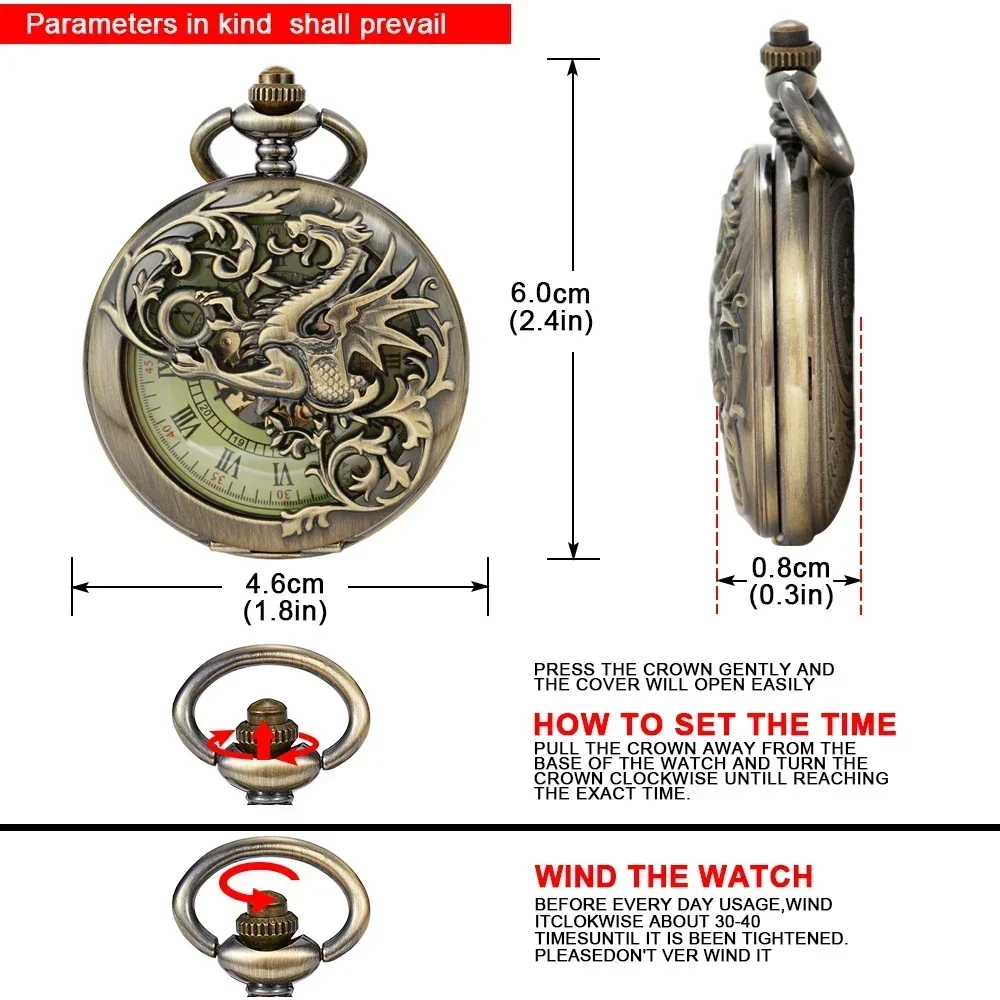 NEW Vintage Mechanical Pocket Watch Mens Hand-winding Skeleton Dragon Chain Retro Roman Numerals Display Pocket Clock