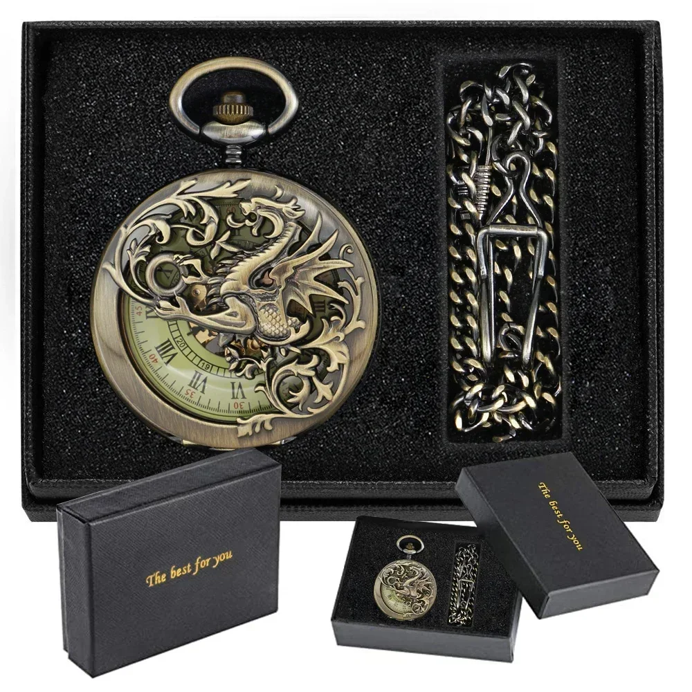 NEW Vintage Mechanical Pocket Watch Mens Hand-winding Skeleton Dragon Chain Retro Roman Numerals Display Pocket Clock