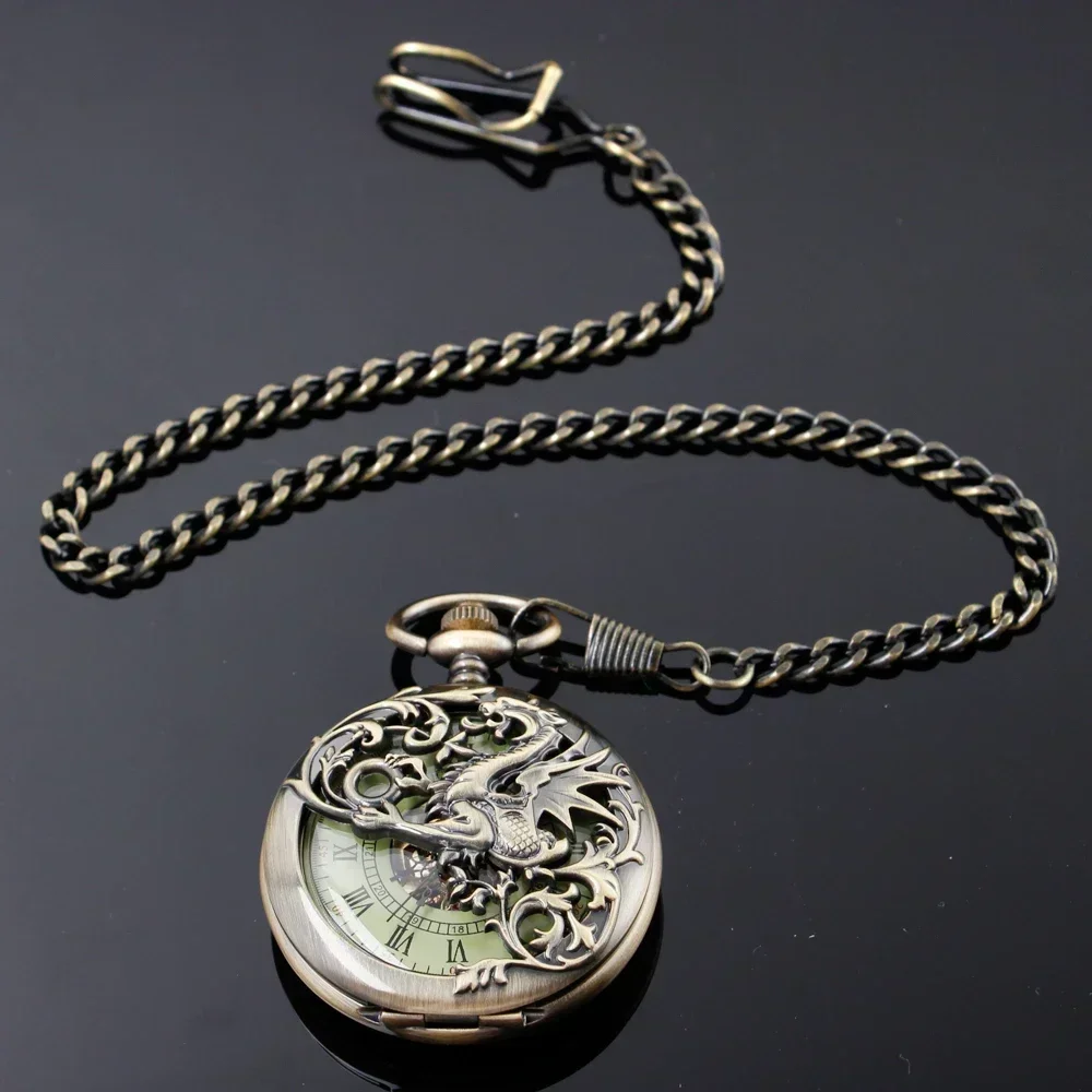NEW Vintage Mechanical Pocket Watch Mens Hand-winding Skeleton Dragon Chain Retro Roman Numerals Display Pocket Clock