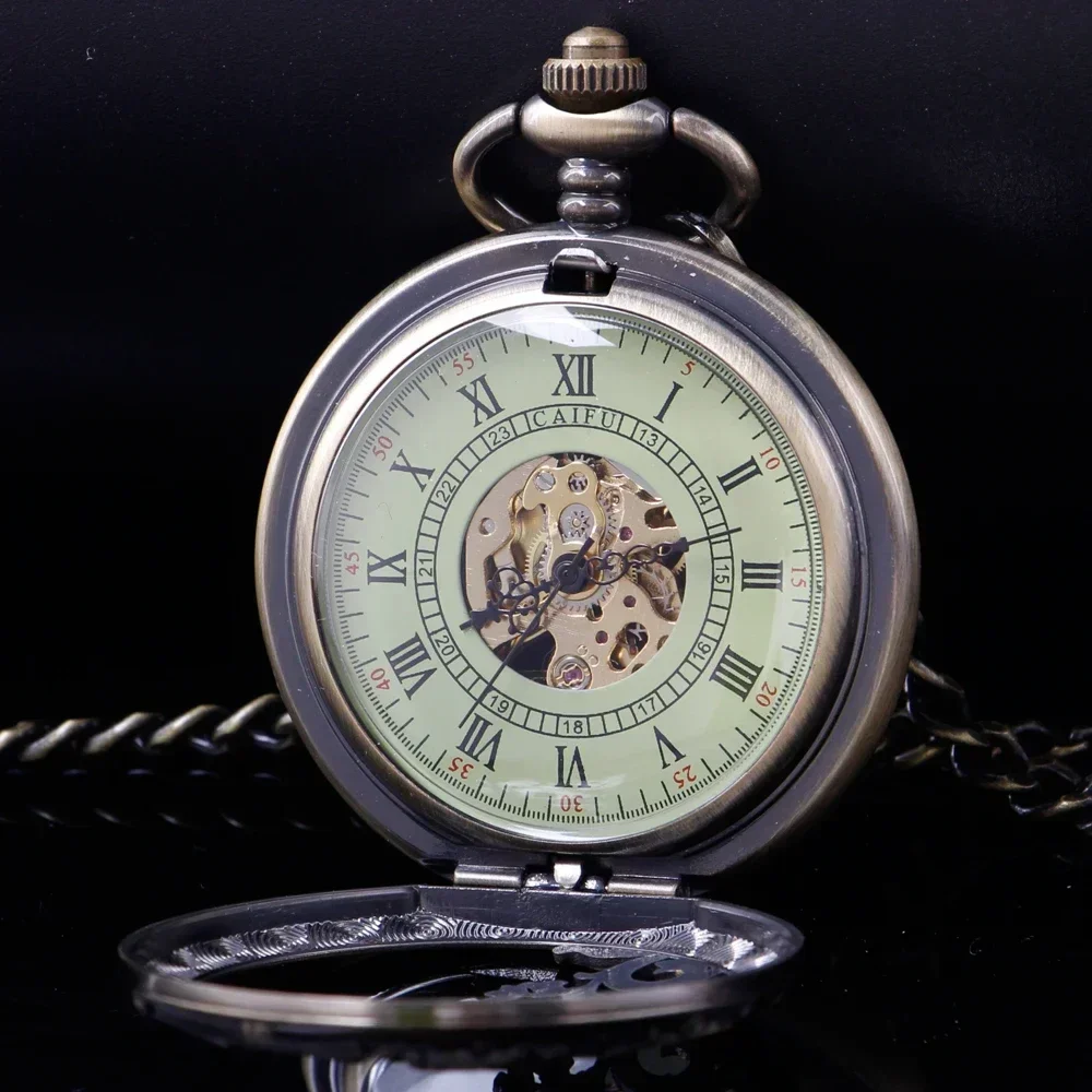NEW Vintage Mechanical Pocket Watch Mens Hand-winding Skeleton Dragon Chain Retro Roman Numerals Display Pocket Clock