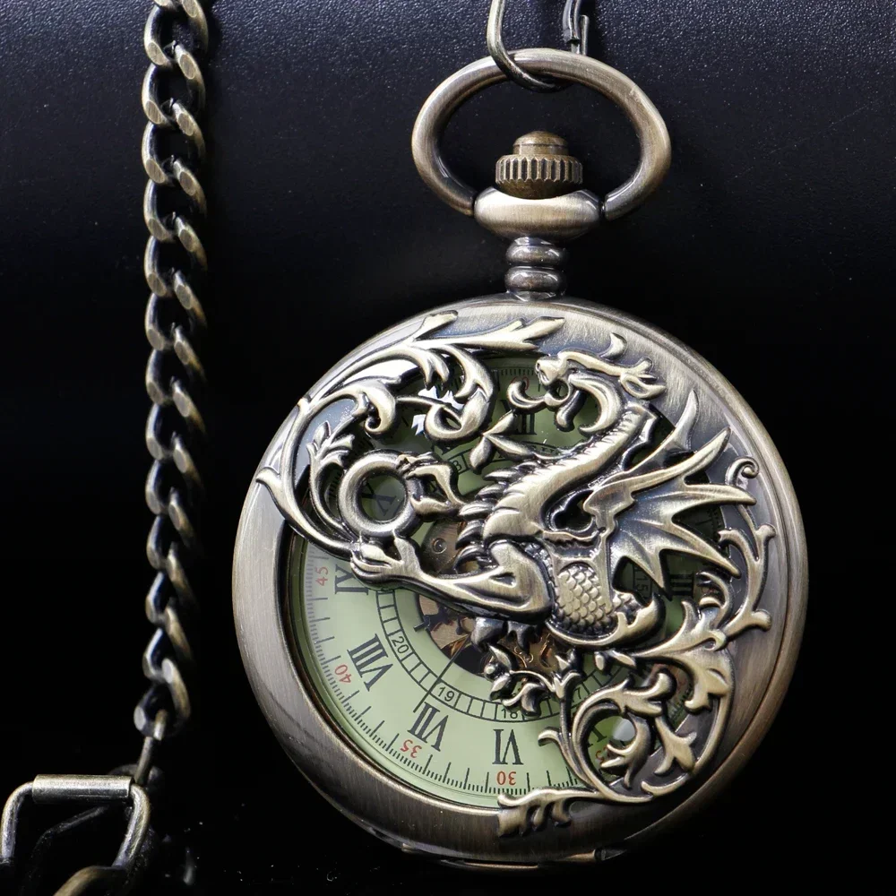 NEW Vintage Mechanical Pocket Watch Mens Hand-winding Skeleton Dragon Chain Retro Roman Numerals Display Pocket Clock