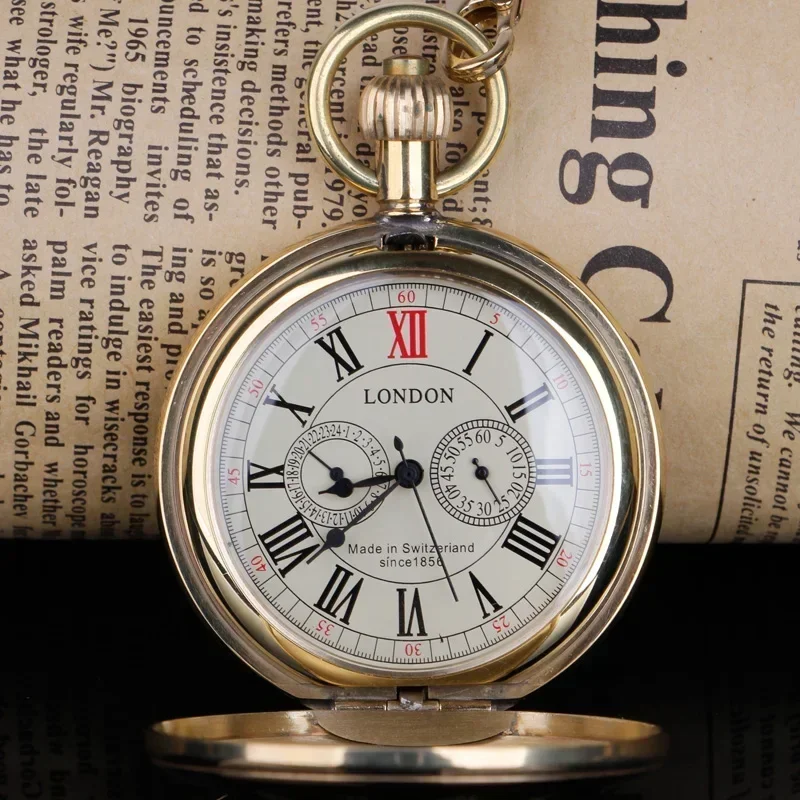 High Quality Luxury Golden Hand Wind Mechanical Pocket Watch Roman Number Dial Pendant Chain Fob Watch