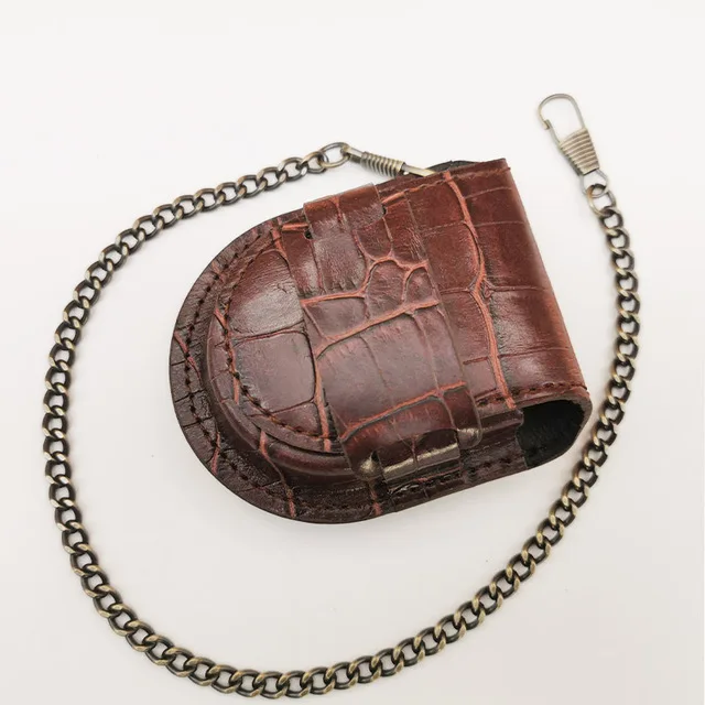 Stylish Gentlemen’s Brown-backed Retro Timeless Pocket Watch Case, Premium Mechanical Organizer Holder with Coin Pouch & Chain