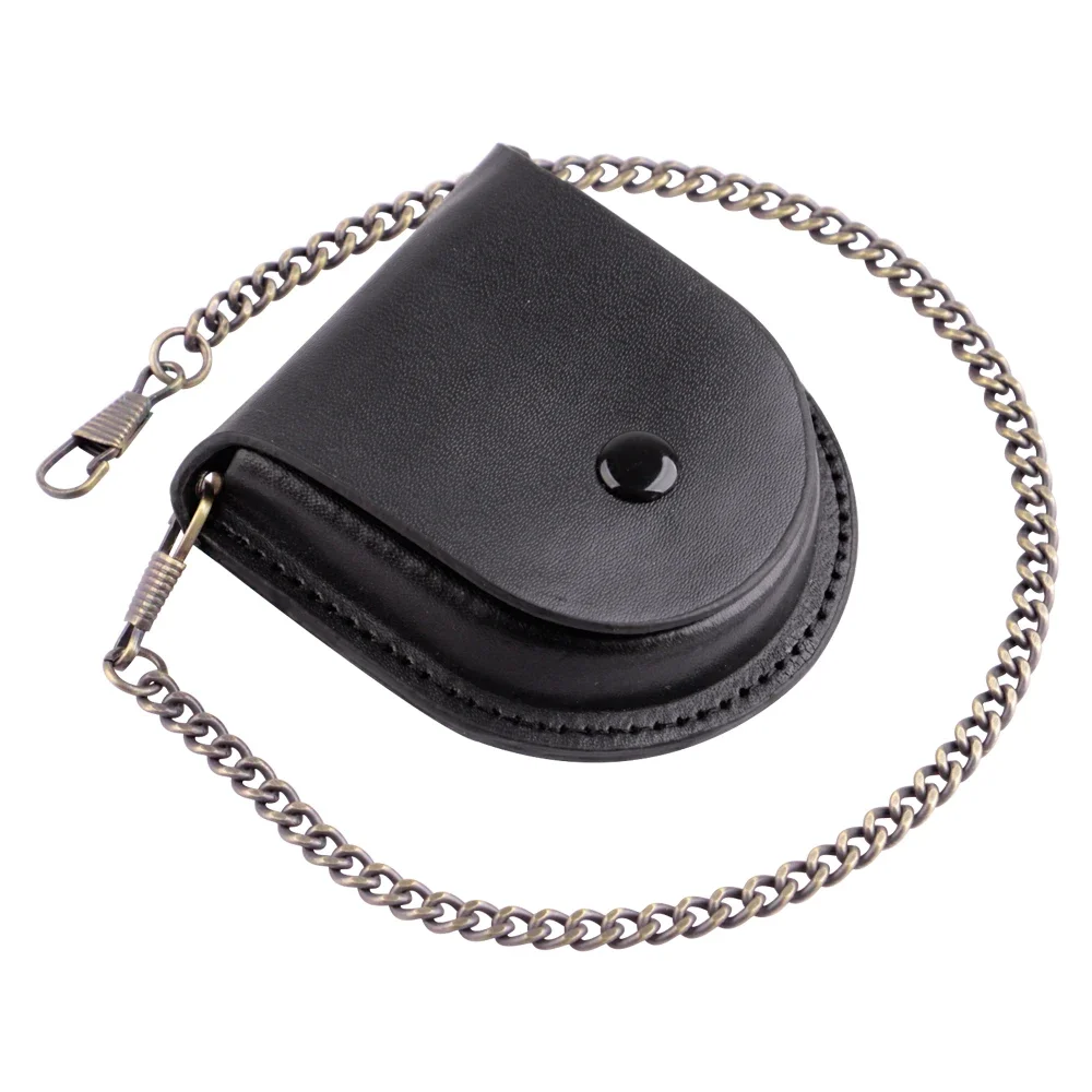 Stylish Gentlemen’s Brown-backed Retro Timeless Pocket Watch Case, Premium Mechanical Organizer Holder with Coin Pouch & Chain