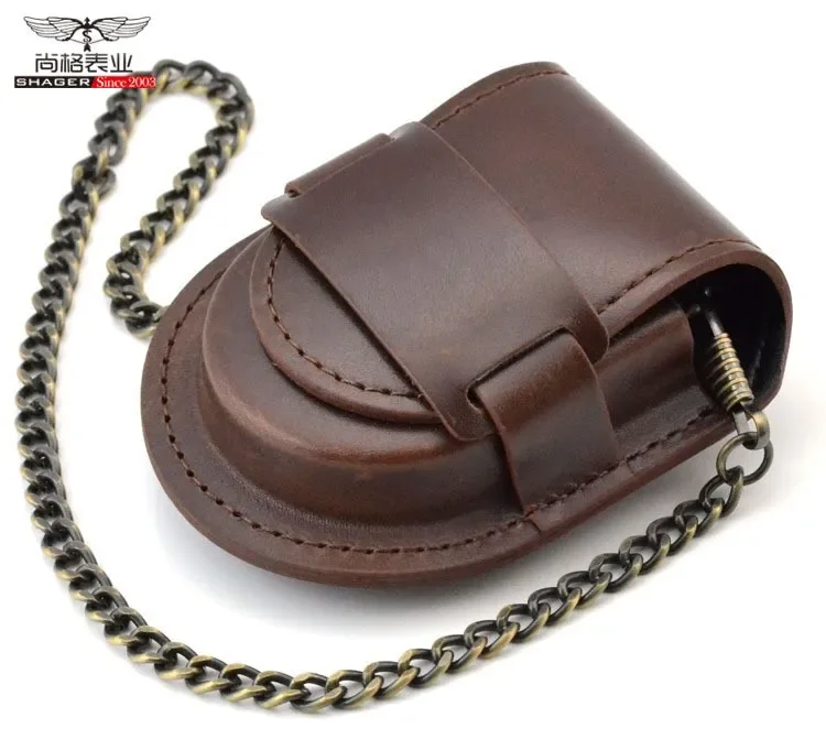 Stylish Gentlemen’s Brown-backed Retro Timeless Pocket Watch Case, Premium Mechanical Organizer Holder with Coin Pouch & Chain