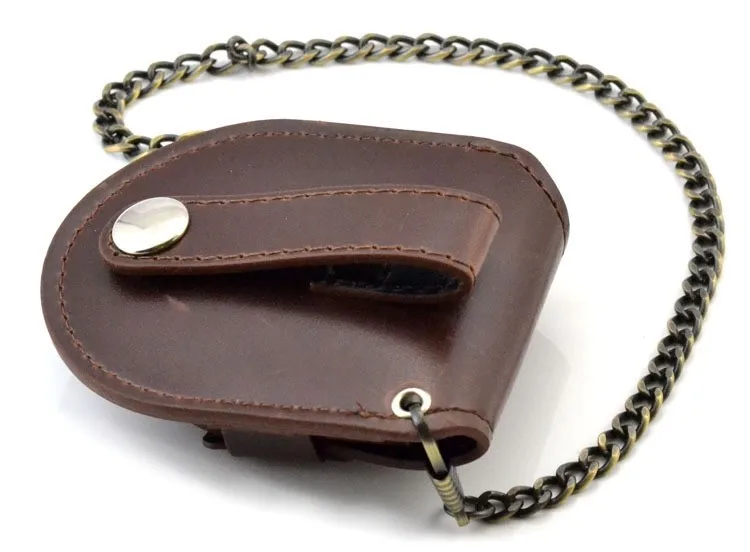 Stylish Gentlemen’s Brown-backed Retro Timeless Pocket Watch Case, Premium Mechanical Organizer Holder with Coin Pouch & Chain