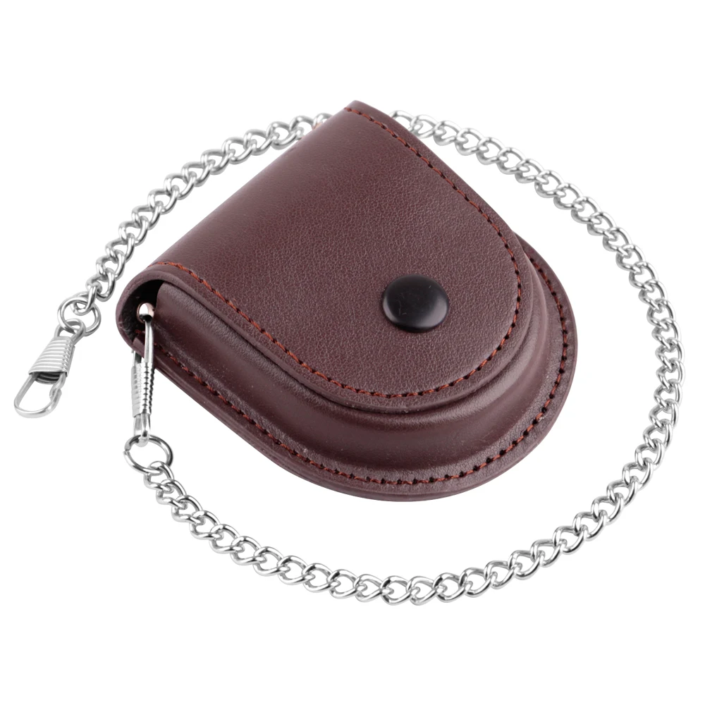 Stylish Gentlemen’s Brown-backed Retro Timeless Pocket Watch Case, Premium Mechanical Organizer Holder with Coin Pouch & Chain