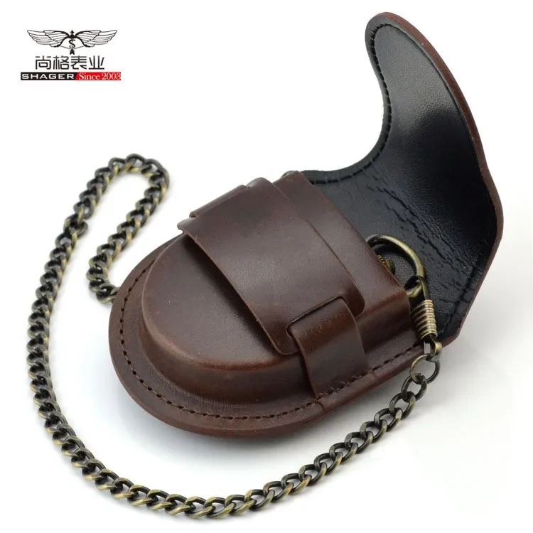 Stylish Gentlemen’s Brown-backed Retro Timeless Pocket Watch Case, Premium Mechanical Organizer Holder with Coin Pouch & Chain