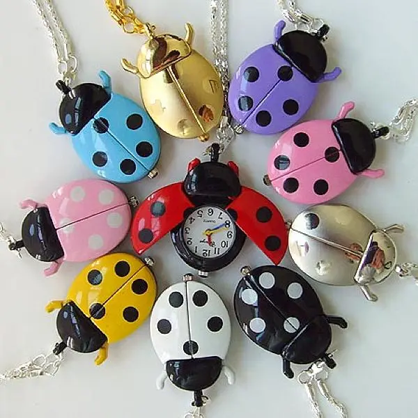 Free Drop Shipping Elegant Hot Popular Fashion Colorful Ladybug Fob Clock Necklace Pocket Pendant Dress Quartz Watch GL02