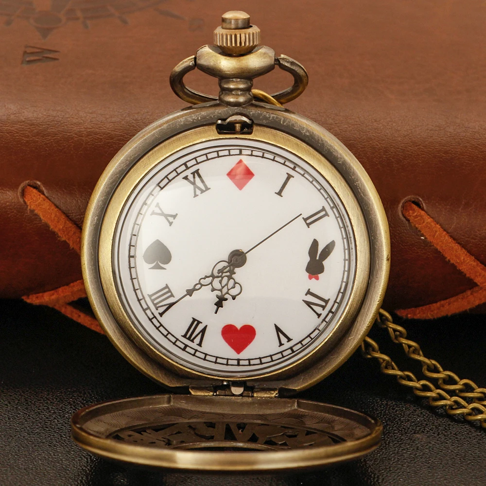 Bronze Fairy Tale Alice Poker Rabbit Hollow Characteristic Quartz Pocket Watch Retro Men's and Women's Necklace Pendant Gift