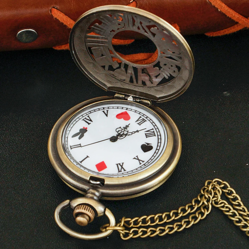 Bronze Fairy Tale Alice Poker Rabbit Hollow Characteristic Quartz Pocket Watch Retro Men's and Women's Necklace Pendant Gift