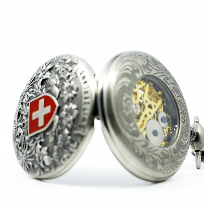 Classic Switzerland Red Cross Hollow Mechanical Pocket Watch Hand Wind Fob Watches High Quality Men Women Pocket Watch Gift