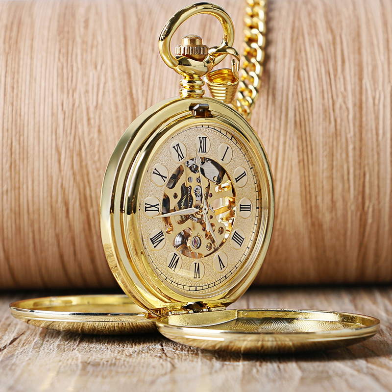 Top Luxury Smooth Roman Numerals Vintage Mechanical Pocket Watch Steampunk Hand Winding Men's Watch FOB Clock with Hook Chain