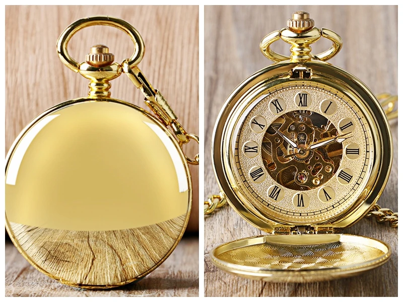 Top Luxury Smooth Roman Numerals Vintage Mechanical Pocket Watch Steampunk Hand Winding Men's Watch FOB Clock with Hook Chain