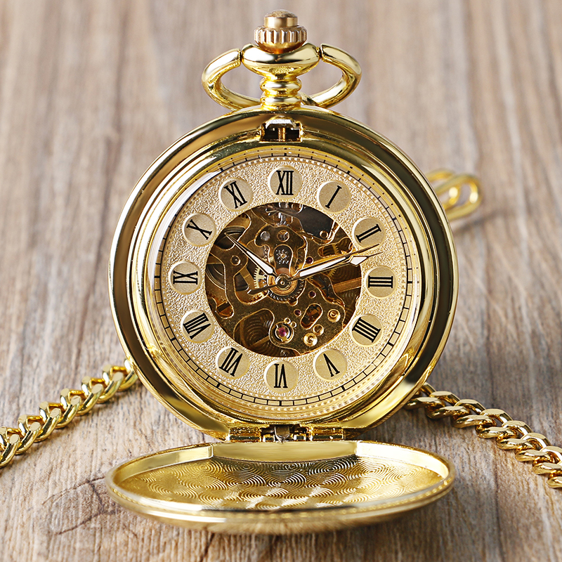 Top Luxury Smooth Roman Numerals Vintage Mechanical Pocket Watch Steampunk Hand Winding Men's Watch FOB Clock with Hook Chain