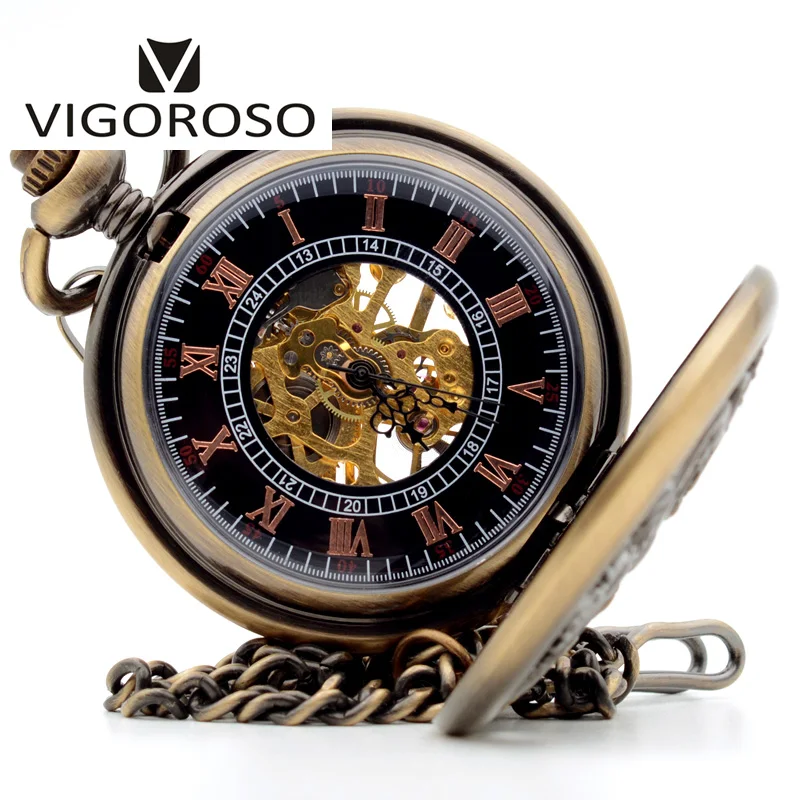 Vintage Classic Steampunk Skeleton Black Alloy Chinses Flying Dragon&Phoenix Mechanical Hand Wind Pocket Watch FOB Chain Clock