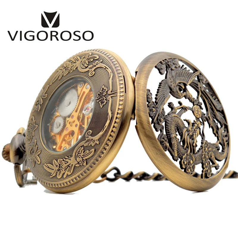 Vintage Classic Steampunk Skeleton Black Alloy Chinses Flying Dragon&Phoenix Mechanical Hand Wind Pocket Watch FOB Chain Clock