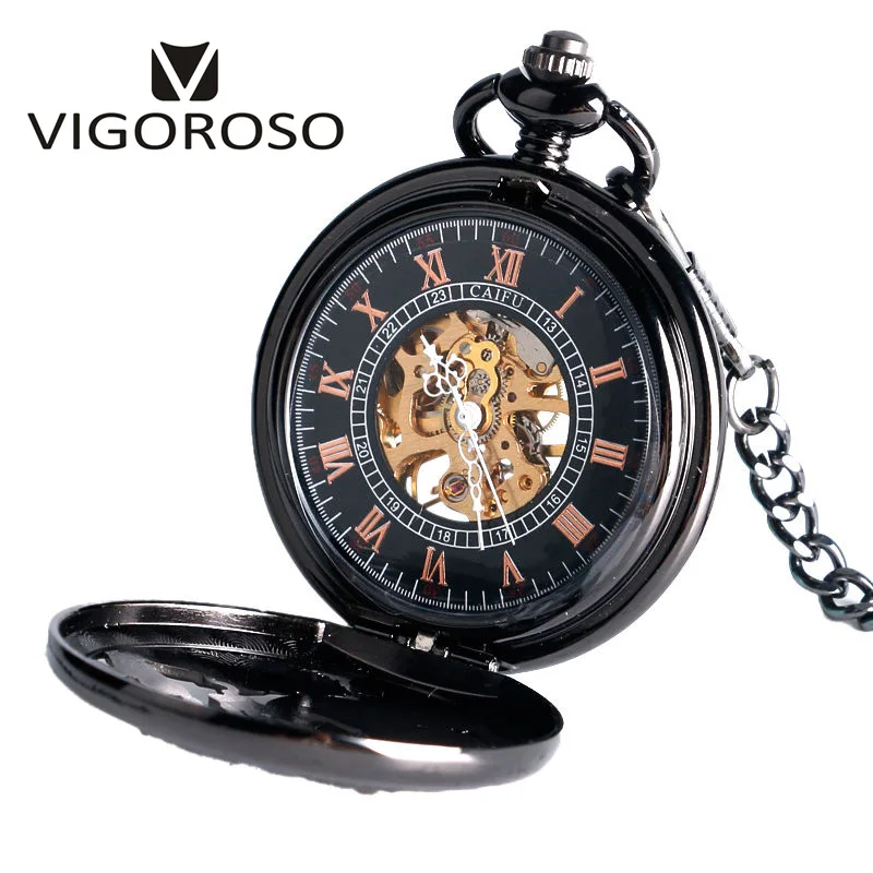 Vintage Classic Steampunk Skeleton Black Alloy Chinses Flying Dragon&Phoenix Mechanical Hand Wind Pocket Watch FOB Chain Clock