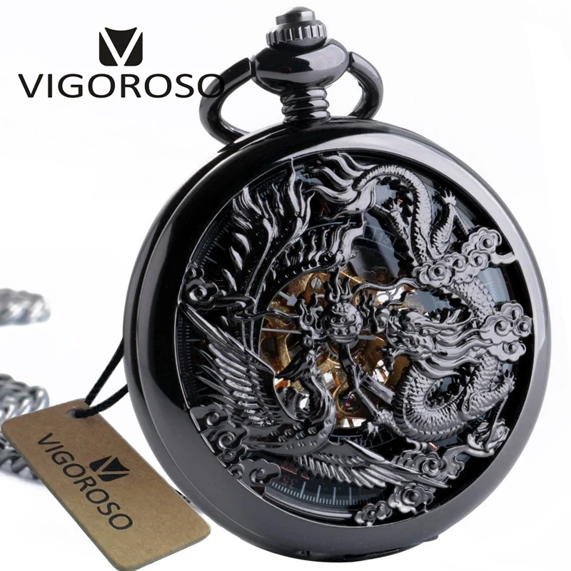 Vintage Classic Steampunk Skeleton Black Alloy Chinses Flying Dragon&Phoenix Mechanical Hand Wind Pocket Watch FOB Chain Clock