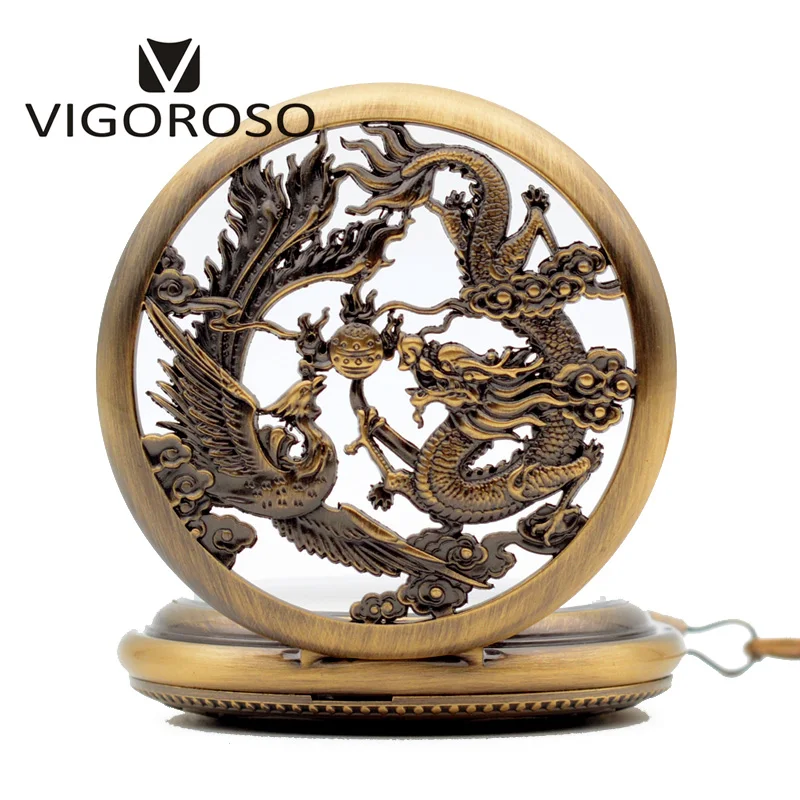 Vintage Classic Steampunk Skeleton Black Alloy Chinses Flying Dragon&Phoenix Mechanical Hand Wind Pocket Watch FOB Chain Clock