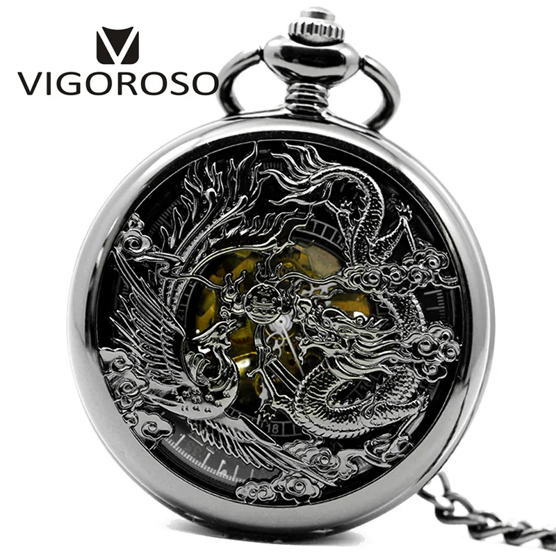 Vintage Classic Steampunk Skeleton Black Alloy Chinses Flying Dragon&Phoenix Mechanical Hand Wind Pocket Watch FOB Chain Clock