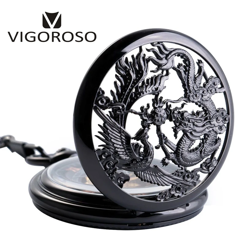 Vintage Classic Steampunk Skeleton Black Alloy Chinses Flying Dragon&Phoenix Mechanical Hand Wind Pocket Watch FOB Chain Clock