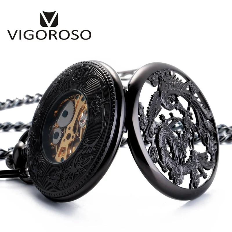 Vintage Classic Steampunk Skeleton Black Alloy Chinses Flying Dragon&Phoenix Mechanical Hand Wind Pocket Watch FOB Chain Clock