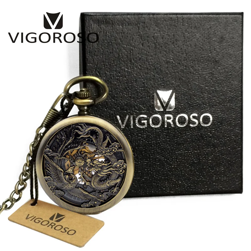 Vintage Classic Steampunk Skeleton Black Alloy Chinses Flying Dragon&Phoenix Mechanical Hand Wind Pocket Watch FOB Chain Clock
