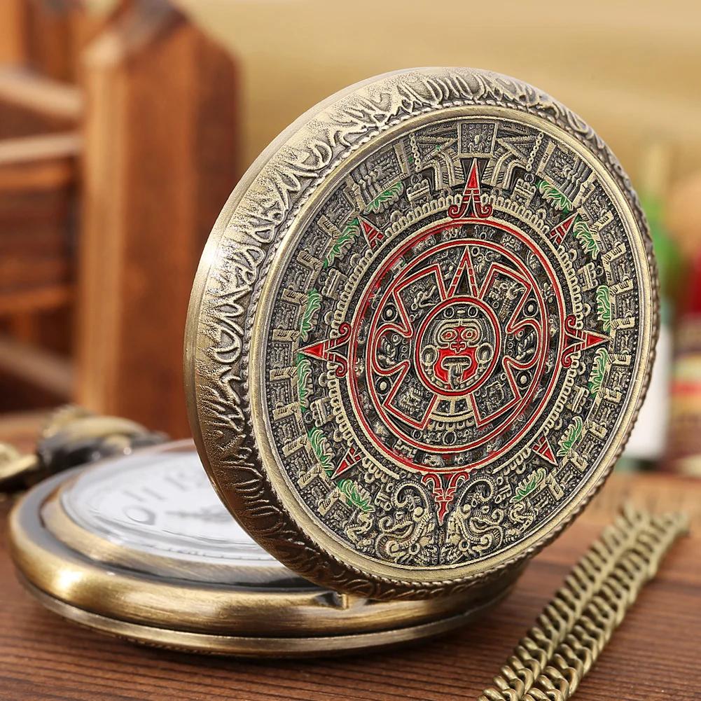 Bronze Mexican Maya Aztec Calendar Art Prophecy Culture Gold Plated Coin Quartz Pocket Watch with 80cm Necklace/38cm Waist Chain